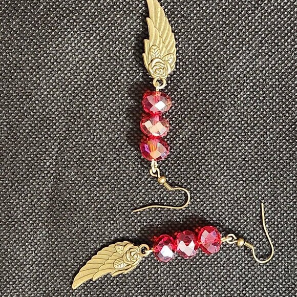 Hand Crafted Earrings Angel Wings Red Crystal Beads Bronze Wings Dangle - Picture 2 of 6